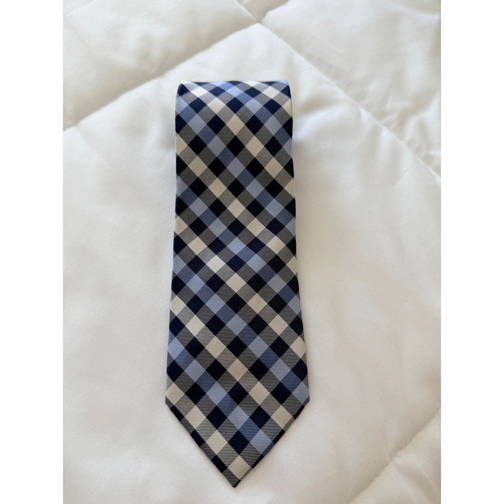 Merona Mens Silk Tie Blue Navy White Gingham Plaid Check Necktie RN17730